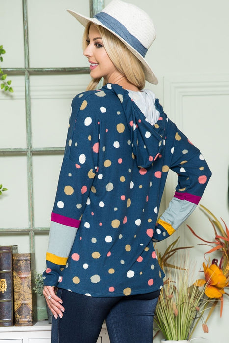 Celeste Full Size Polka Dot Drawstring Hoodie